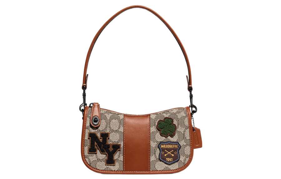 COACH Swinger Jacquard Fabric With Glove Tanned Leather Handbag, Shoulder Bag Women's Amber