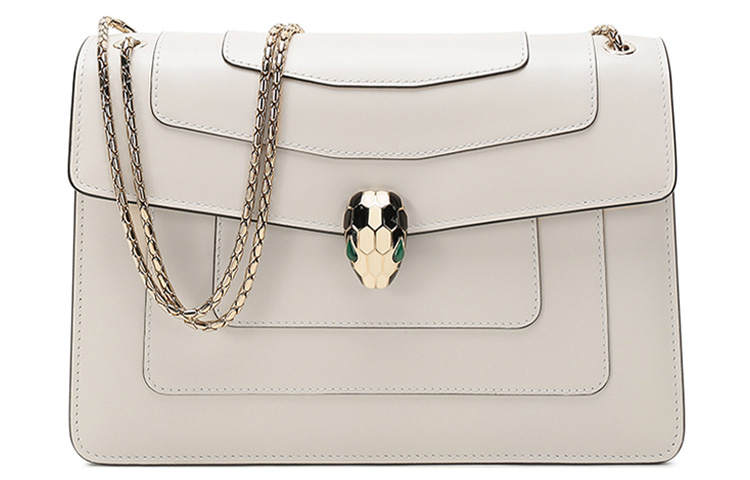 BVLGARI Serpenti Forever Solid Color Cow Leather Snake Head Bag, Flap Bag, Chain Bag, Shoulder Bag Women's White