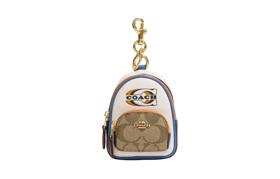 COACH Coated Canvas With Refined Pebbled Leather Bag Charm Bag Merch Mini Women's Khaki & Chalk White