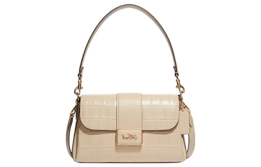 COACH Grace Crocodile Embossed Leather With Leather Shoulder Bag, Portable Crossbody Bag Women's Ivory White