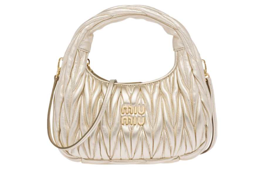 MIU MIU Wander Soft Sheep Leather Hobo Bag, Crescent Bag, Shoulder Bag, Crossbody Bag, Handbag Small Women's Pyrite