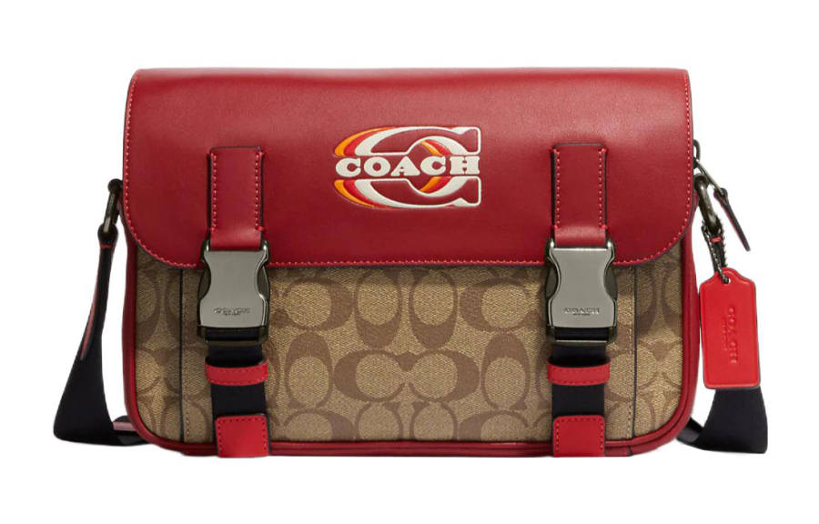 COACH Track Coated Canvas With Cow Leather Crossbody Bags Large Men's Red & Khaki