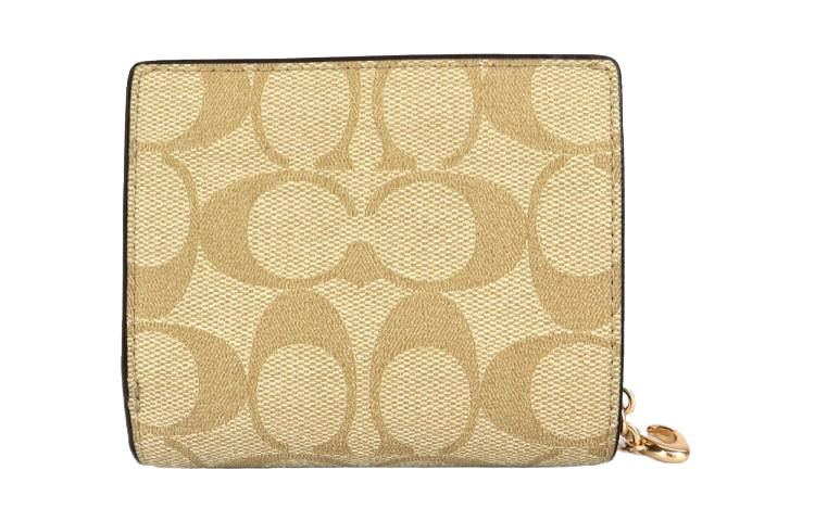 COACH Snap Wallet Iconic Coated Canvas With Smooth Leather Card Holder, Wallet Women's Khaki & Saddle