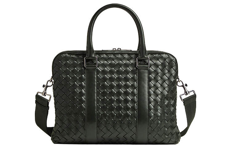 Bottega Veneta Cow Leather With Textile Portable One Shoulder Crossbody Briefcase Men's Dark Green