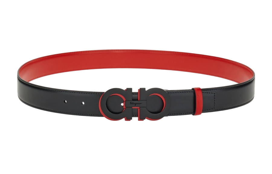 Ferragamo FERRAGAMO Cow Leather Belts Men's Black/Red Width 3.2cm
