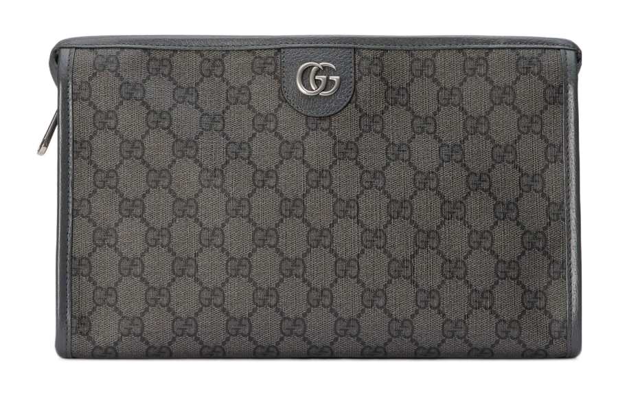 GUCCI Ophidia Canvas With Leather Binding Makeup Bag Clutch Men's Gray & Black
