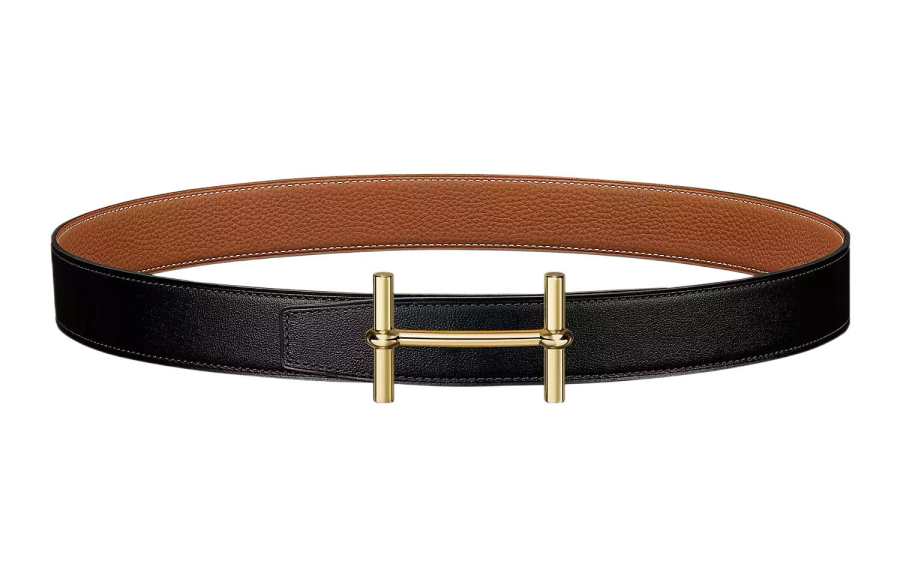HERMES H D'Ancre Metallic Cow Leather Belts Women's Black Width 3.2cm