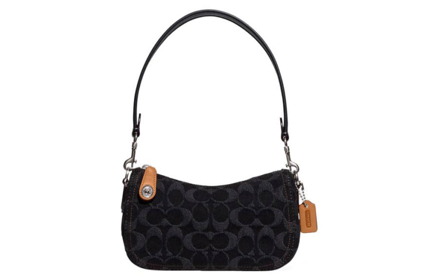 COACH Swinger Jacquard Fabric With Cow Leather Handbag, Shoulder Bag Women's Black