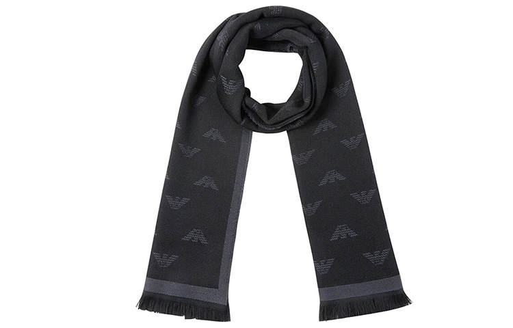 EMPORIO ARMANI Logo Embroidered Frayed Edge Knitted Scarf