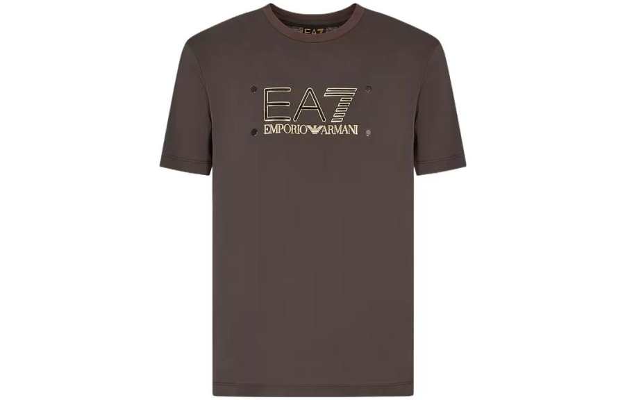EMPORIO ARMANI EA7 Alphanumeric Print Crew Neck Short Sleeved SS23 T Shirt Men's Earthy Brown