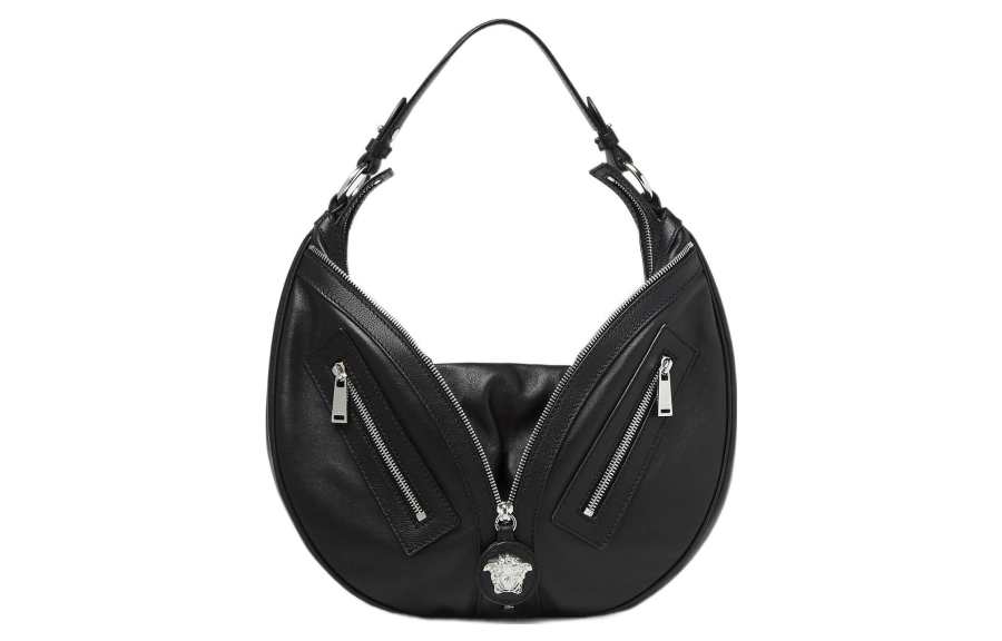 VERSACE Cow Leather Crescent Bag Handbag, Shoulder Bag Women's Black