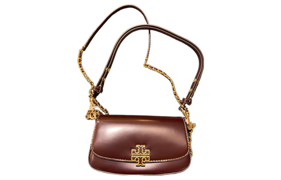TORY BURCH Britten Leather Shoulder Bag, Baguette Bag, Portable Crossbody Bag, Shoulder Bag Women's Burgundy