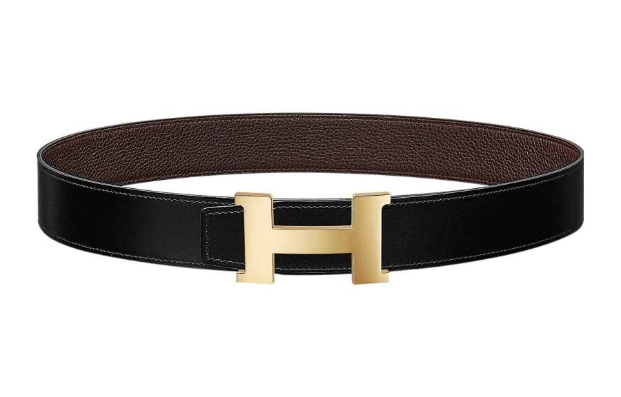 HERMES HERMES Cow Leather Belts Men's Black/Chocolate Width 3.8cm