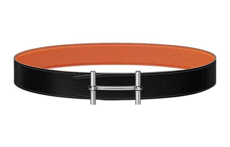 HERMES Ancre Metal, Palladium Plated Calfskin Leather Belts Men's Width 3.8cm