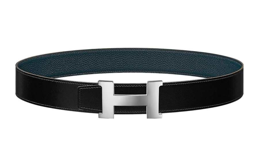 HERMES HERMES Constance Cow Leather Belts Men's Black/Prussian Blue Width 3.8cm