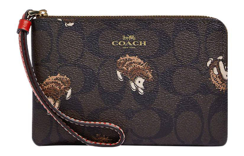 COACH Corner Zip Coated Canvas With Leather Wrist Bag Clutch Small Women's Brown Black