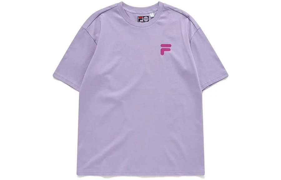 FILA FUSION T Shirts Unisex Purple Crew Neck Moderate Straight Fit