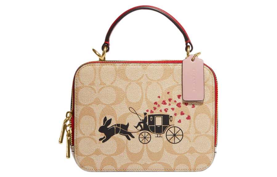 COACH BOX Canvas With Leather Box Bag, Handbag, Crossbody Bag Small Women's Khaki & Pink
