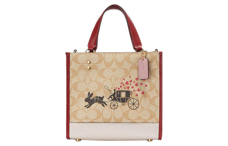 COACH Dempsey Coated Canvas With Refined Pebbled Leather Tote Bag, Shopping Bag, Handbag Small Women's Khaki & Pink