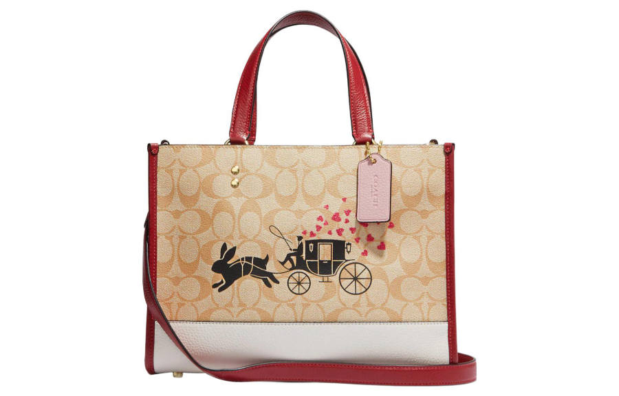 COACH Dempsey Cow Leather Tote Bag, Shopping Bag, Shoulder Bag, Crossbody Bag, Handbag Large Women's Khaki & Pink