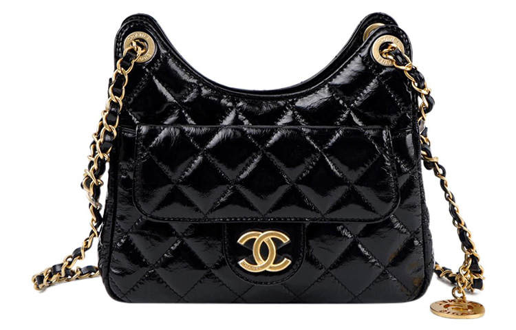 CHANEL 23C Early Spring HOBO Bright Color Wrinkle Calfskin With Gold Metal Shoulder Bag Small Women's Black
