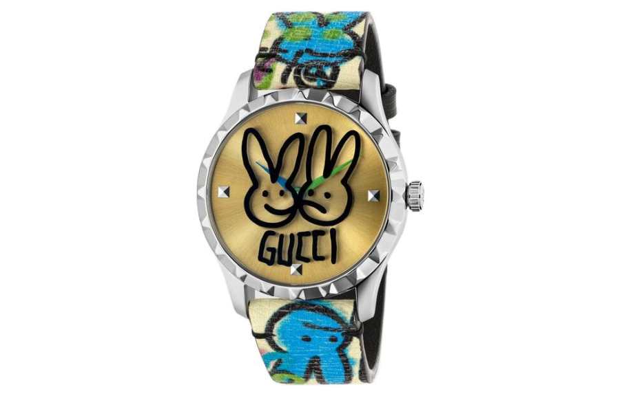 GUCCI G Timeless Collection Wrist Watch Quartz Movement Leather Strap 38mm Gold Dial Unisex 50m Water Resistant