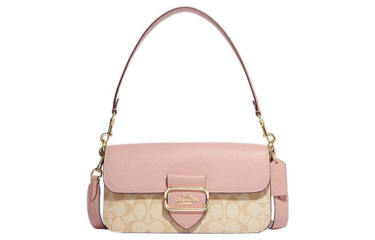 COACH Morgan Canvas With Leather With Cow Leather Handbag, Shoulder Bag Large Women's Khaki Monogram & Pink