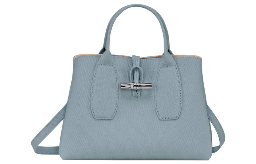 LONGCHAMP Le Roseau Cow Leather Beige Bag, Shoulder Bag, Crossbody Bag, Handbag Medium Women's Cloud Blue