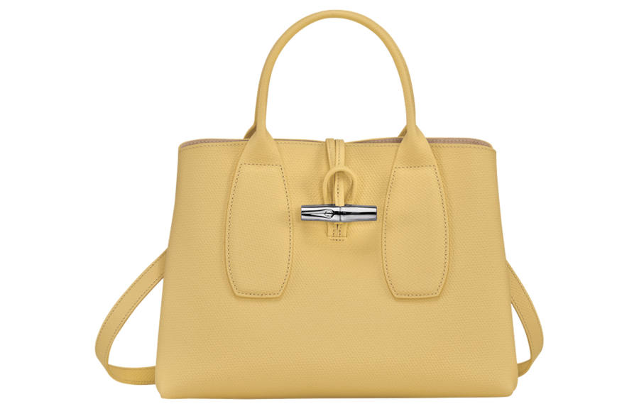 LONGCHAMP Le Roseau Cow Leather Beige Bag, Shoulder Bag, Crossbody Bag, Handbag Medium Women's Pink Yellow