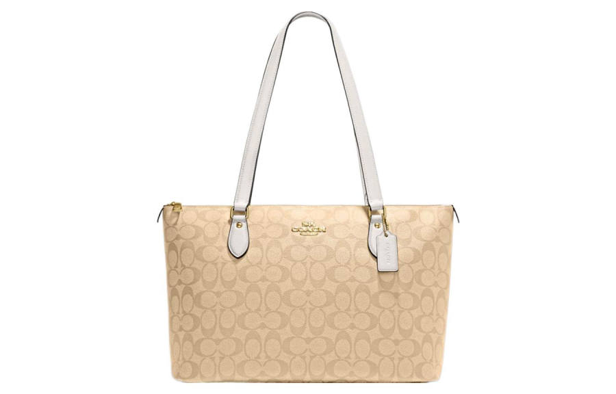 COACH Gallery Coated Canvas With Leather Tote Bag, Shopping Bag, Handbag, Shoulder Bag Women's Khaki White Multicolor