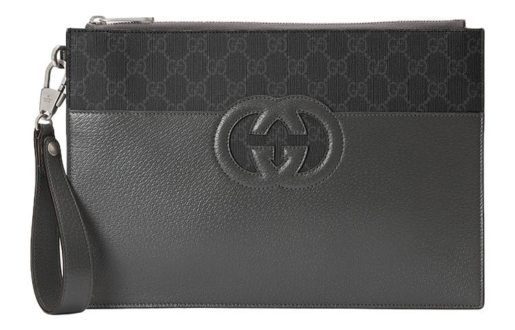 GUCCI Canvas With Leather Clutch Men's Black & Gray