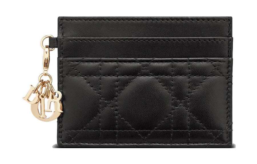 DIOR Lady Dior 5 Card Slots Wicker Pattern Sheepskin Card Holder Women's Black