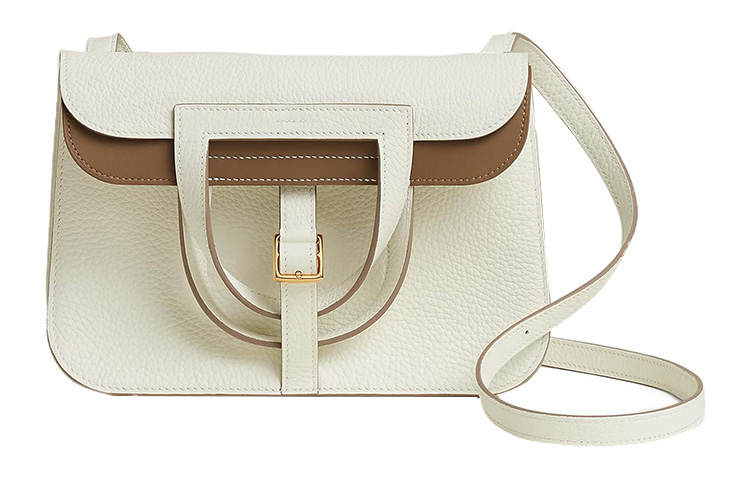 HERMES Halzan Clemence Bullock Leather One Shoulder Handbag, Crossbody Bag Women's Mushroom White
