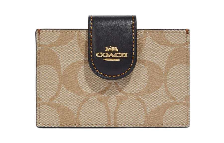 COACH Card Case Coated Canvas With Leather Card Holder Mini Women's Light Khaki