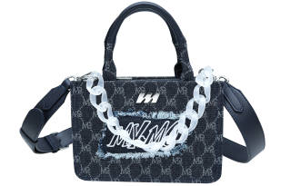 MQ PU Leather Tote Bag, Shopping Bag, Shoulder Bag, Handbag Small Unisex Blue/Ecru/Black