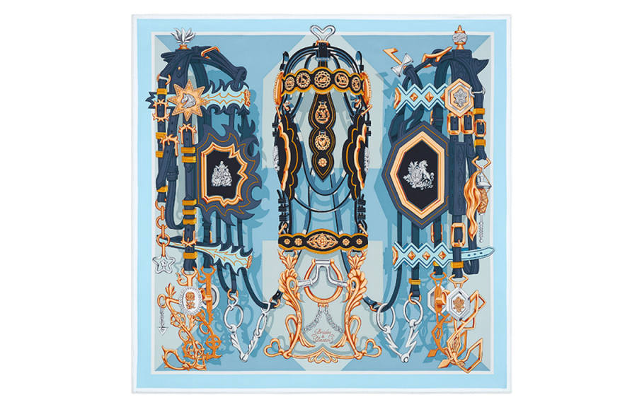 HERMES Reins And Destiny Silk Scarf Women's Blue