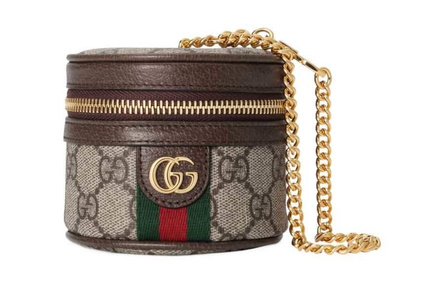 GUCCI Ophidia Leather Paneled Canvas Wrist Bag Women's Beige & Ebony
