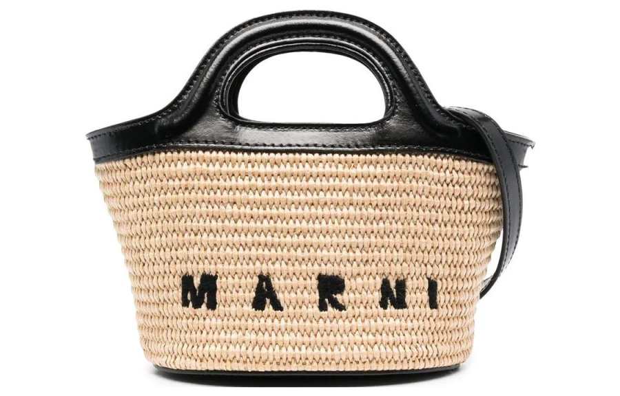 MARNI TROPICALIA Cotton With Leather And Raffia Shoulder Bag, Crossbody Bag, Handbag Women's Black/Beige