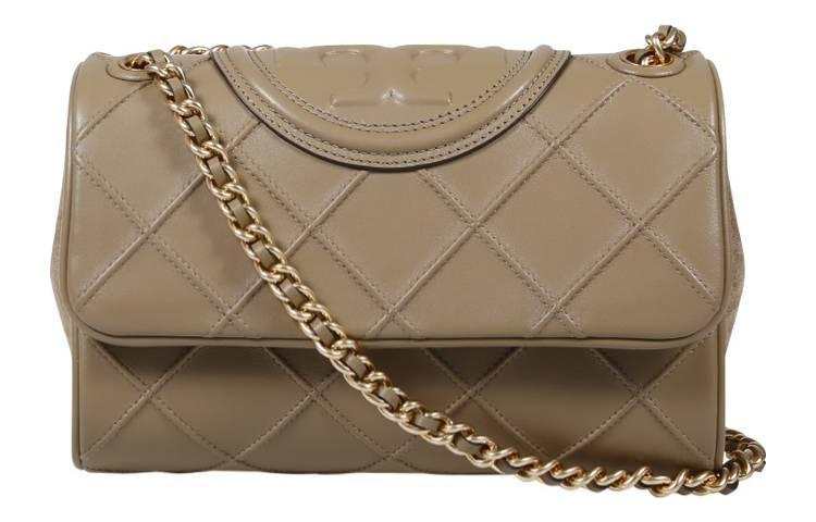 TORY BURCH Fleming Leather Brushed Braided Chain Box Bag Crossbody Bag, Shoulder Bag Women's Gravel Brown
