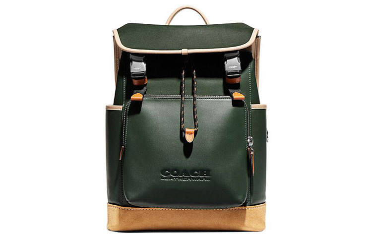 COACH League Cow Leather With Fabric Backpack Large Women's Green & Beige