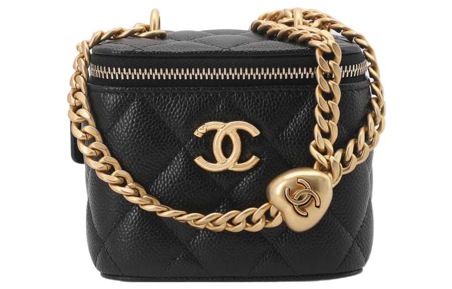 CHANEL Grain Calfskin, Gold Metal Heart Golden Globe Box, Crossbody Bag, Shoulder Bag Small Women's Black
