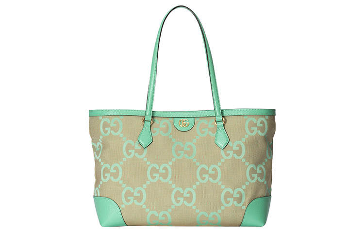 GUCCI Jumbo GG Canvas With Leather Tote Bag, Shopping Bag, Shoulder Bag, Handbag Medium Women's Green