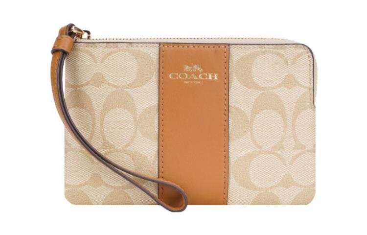 COACH Corner Zip Coated Canvas With Leather Pochette Clutch Small Women's Brown & Khaki