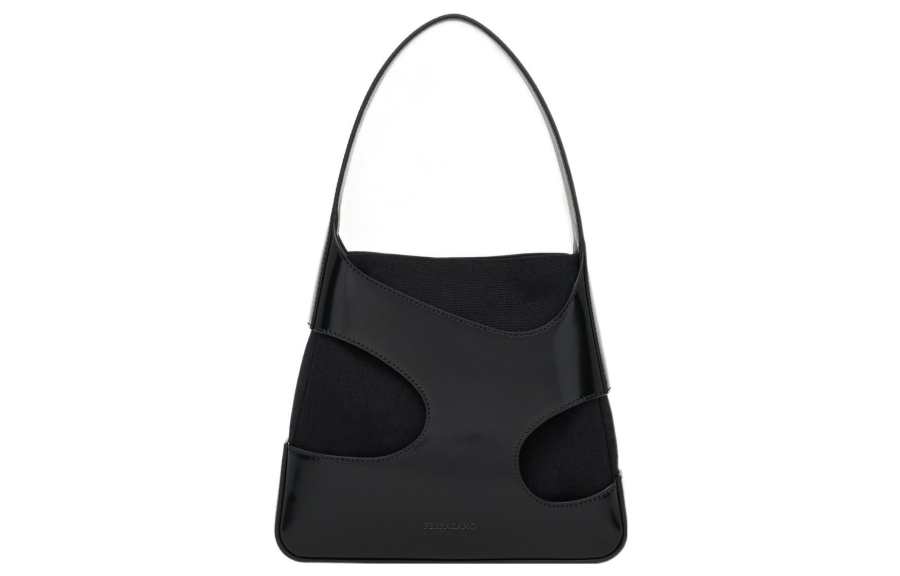 Ferragamo FERRAGAMO Cowhide Patchwork Canvas Shoulder Bag Small Women's Black