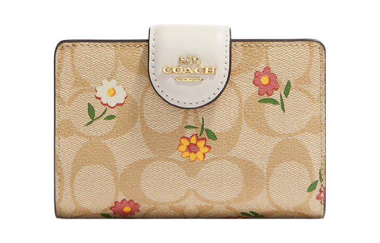 COACH Corner Zip Canvas With Leather Wallet Medium Women's Light Khaki