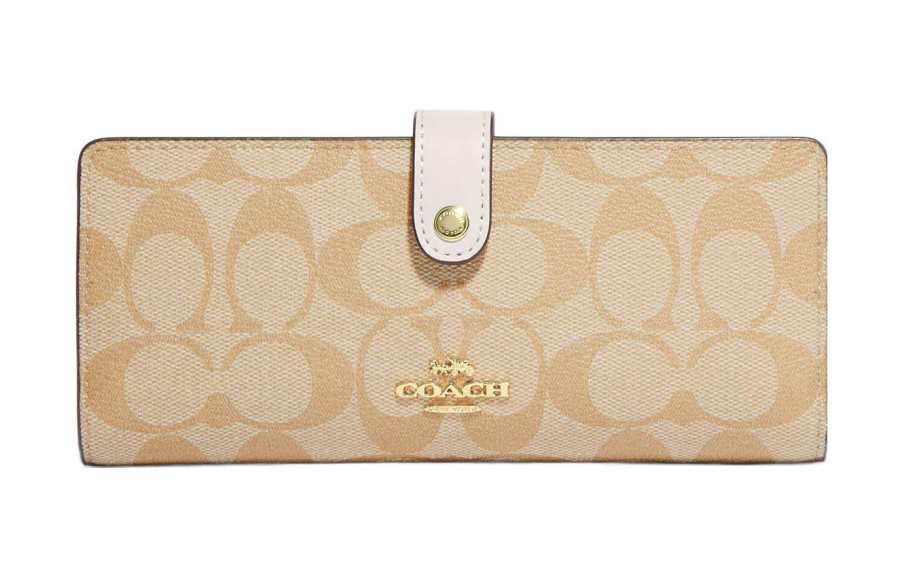 COACH Slim Wallet Coated Canvas With Leather Wallet Women's Light Khaki & Chalk White
