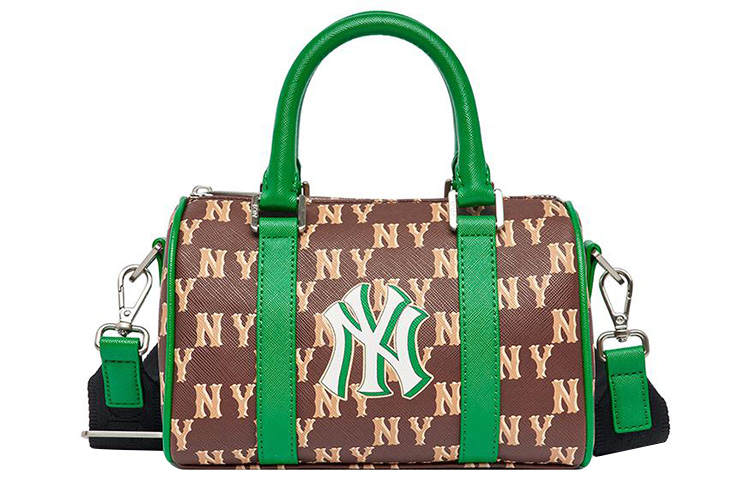 MLB New York Yankees Artificial Leather Pillow Bag, Boston Bag, One Shoulder Handbag Small Unisex Green & Brown