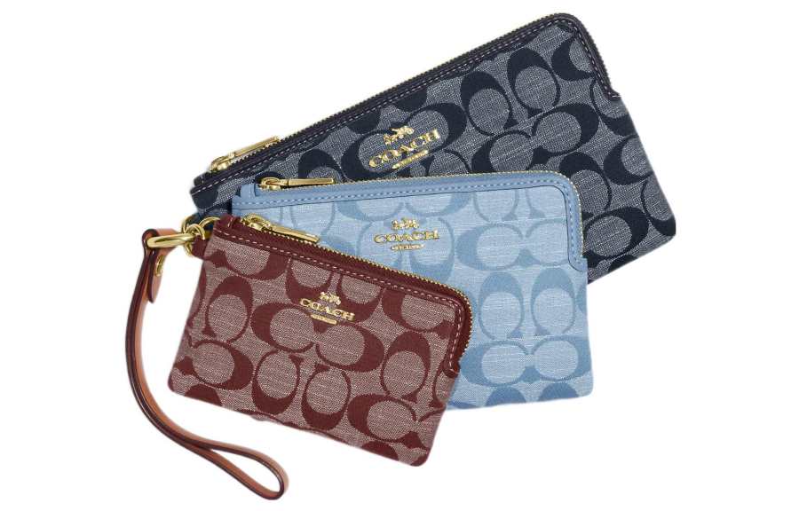 COACH Corner Zip Coated Canvas With Leather Clutch Card Holder Small Women's Dark Blue