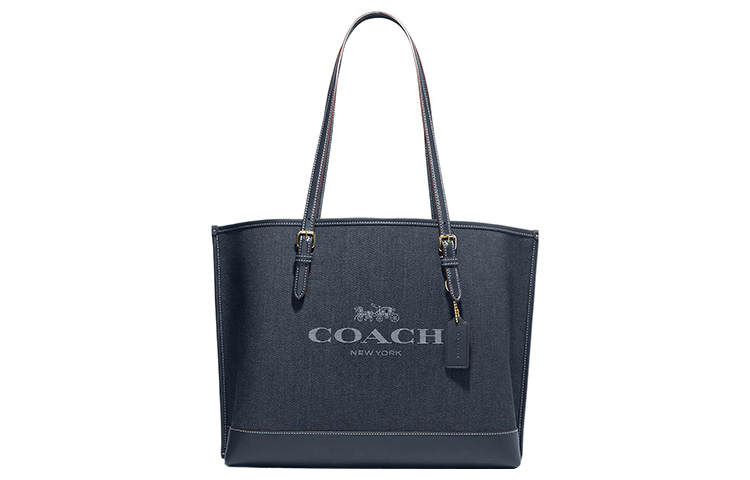 COACH Mollie Zip Closure Denim With Leather Tote Bag, Shopping Bag, Handbag, Shoulder Bag 34 Women's Blue