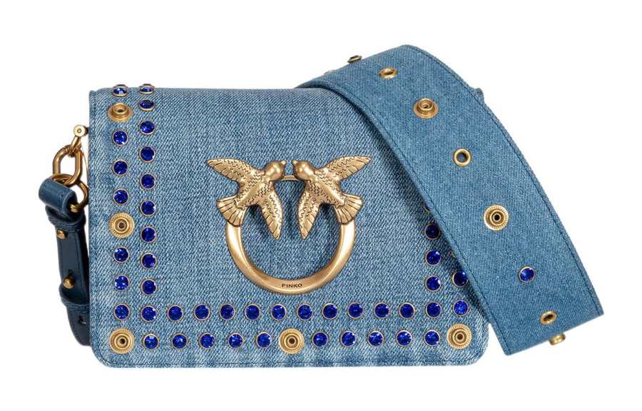PINKO Flap Closure Cotton With Cow Leather Bird Bag, Swallow Bag, Crossbody Bag, Shoulder Bag Women's Denim Blue